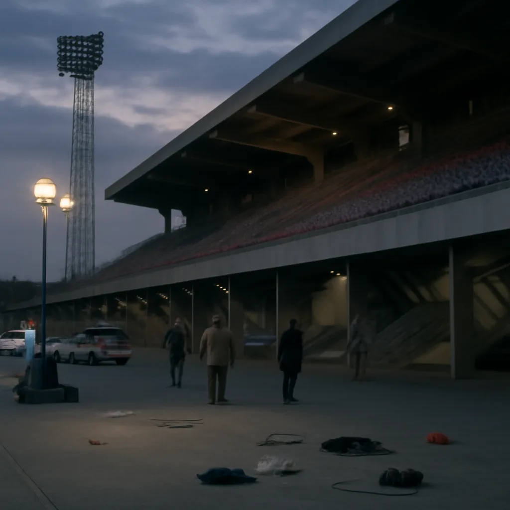 A wide shot of a mid-1980s football stadium with empty stands and officials inspecting seating areas after an evacuation prompted by an earthquake.