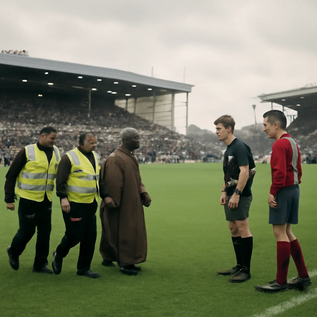 A crowded soccer stadium from the late 1990s with stewards escorting a person off the pitch while players and officials watch; spectators in stands reacting.