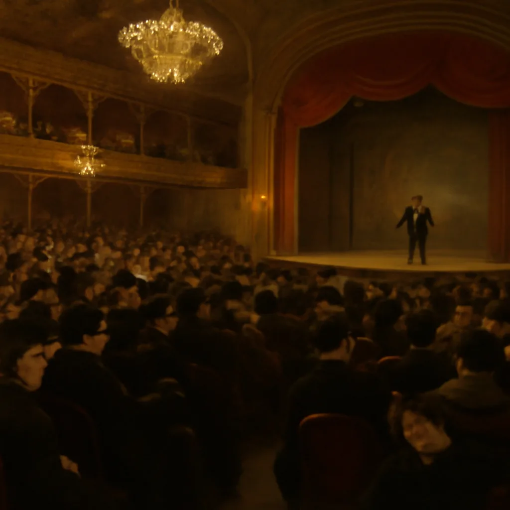 Late 19th-century theatre interior with crowded audience and a performer onstage; gas or early electric lighting, period dress, no identifiable faces.