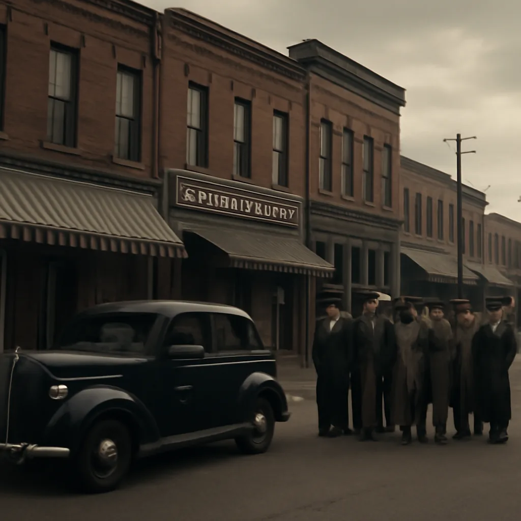 A 1930s-era small-town main street with people gathered in front of a newspaper office and a police car parked nearby, illustrating public attention to breaking local reports.