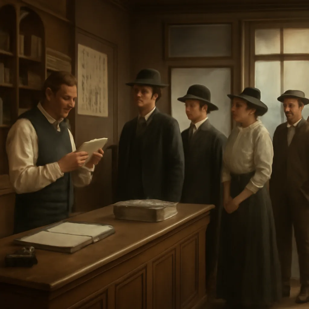 Early 20th-century shop interior with a shopkeeper and customers handling banknotes at a wooden counter; period clothing, stacked goods, and ledger books visible.