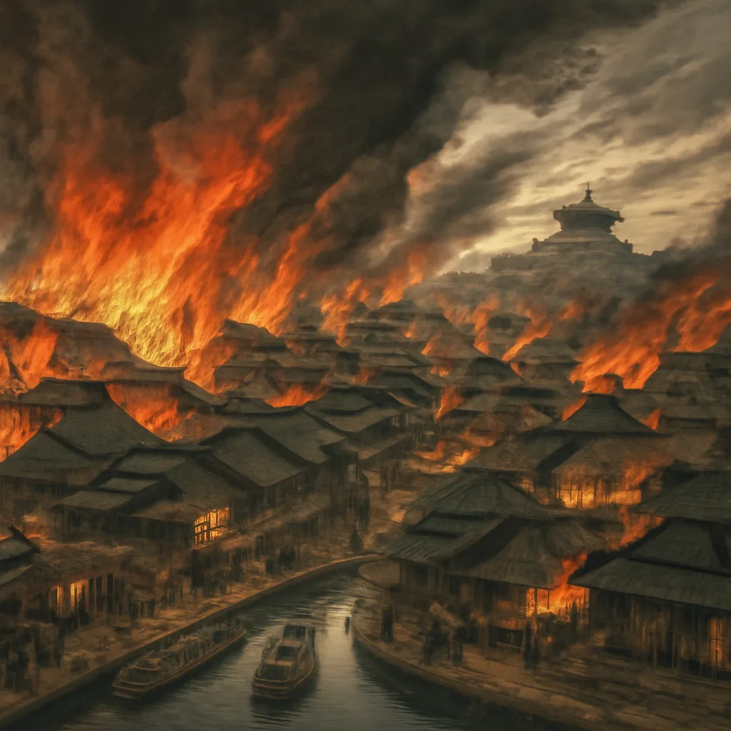Wide view of 17th-century Edo in flames: densely packed wooden houses and temple roofs burning, smoke filling the sky, small boats on a river in foreground with some carrying fleeing people and belongings.