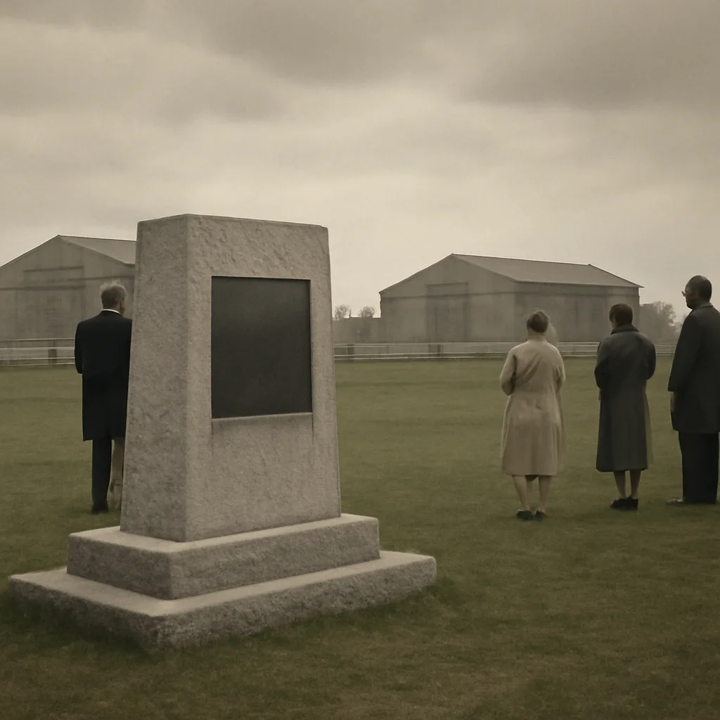Stone memorial plaque and modest monument at the Lakehurst airfield site marking the location of the Hindenburg disaster, with a flat grassy field and period-appropriate hangars visible in the distance.