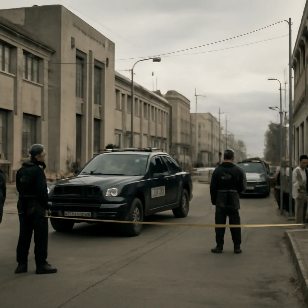 Police and Mexican federal security vehicles on a city street near a cordoned-off scene with onlookers at a distance, illustrating heightened public-security response during cartel-related violence in 2010.