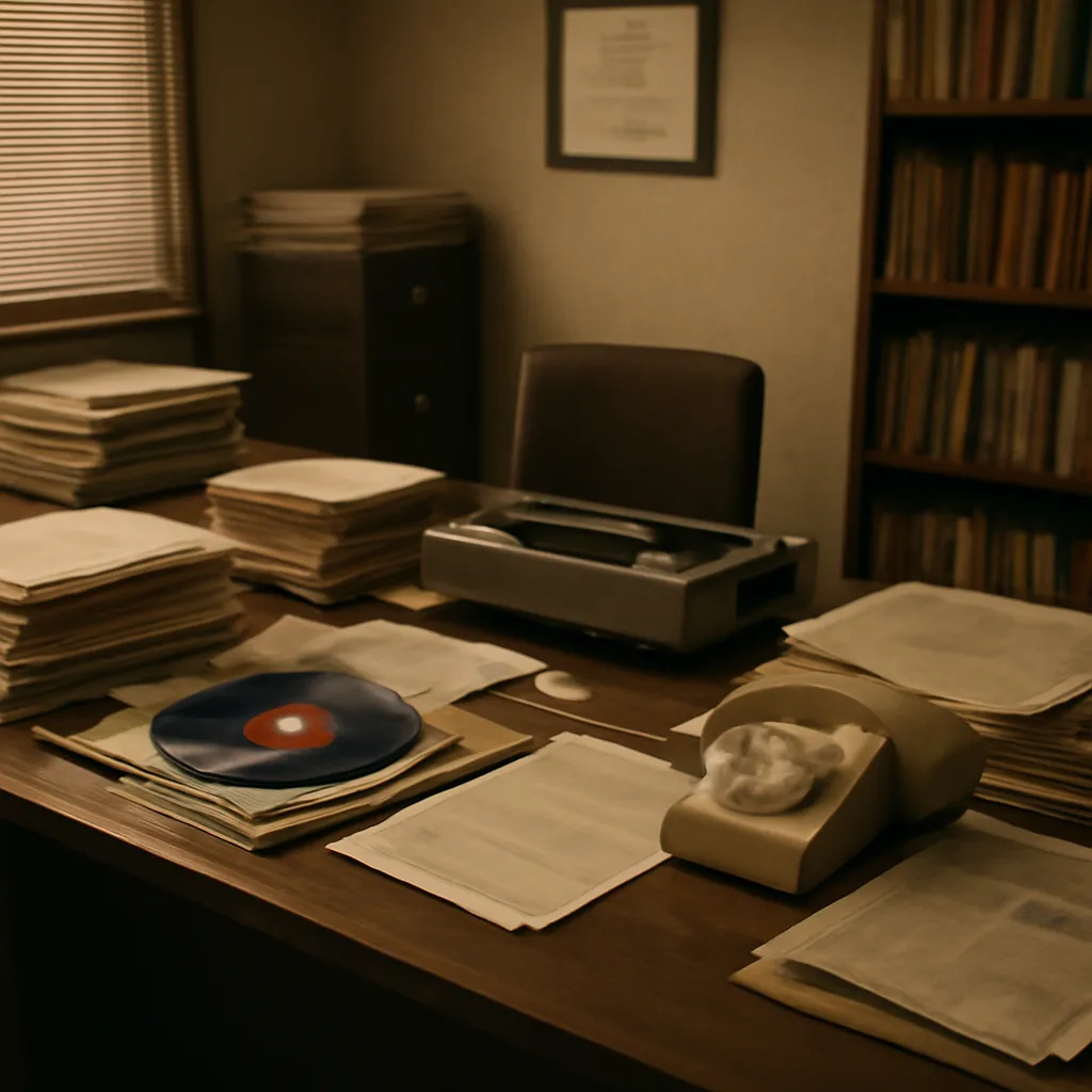 A mid-1980s office interior with stacks of sheet-music folders and publishing ledgers on a wooden desk, telephones and a rotary-dial style phone nearby, and newspapers with 1980s headlines folded to one side.