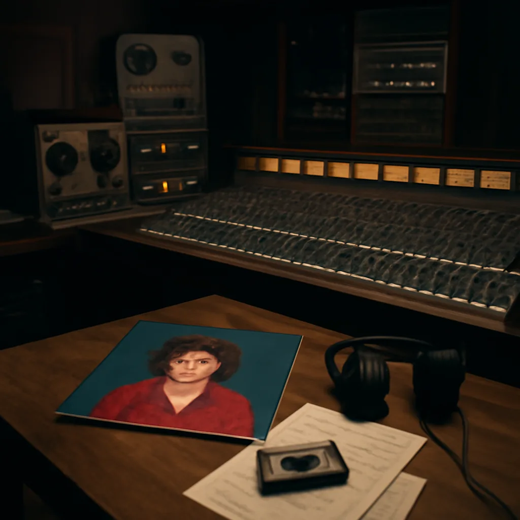 Vinyl LP and cassette copies of Michael Jackson’s Thriller on a studio table with mixing console and reel-to-reel tape machines in the background, early 1980s studio setting.