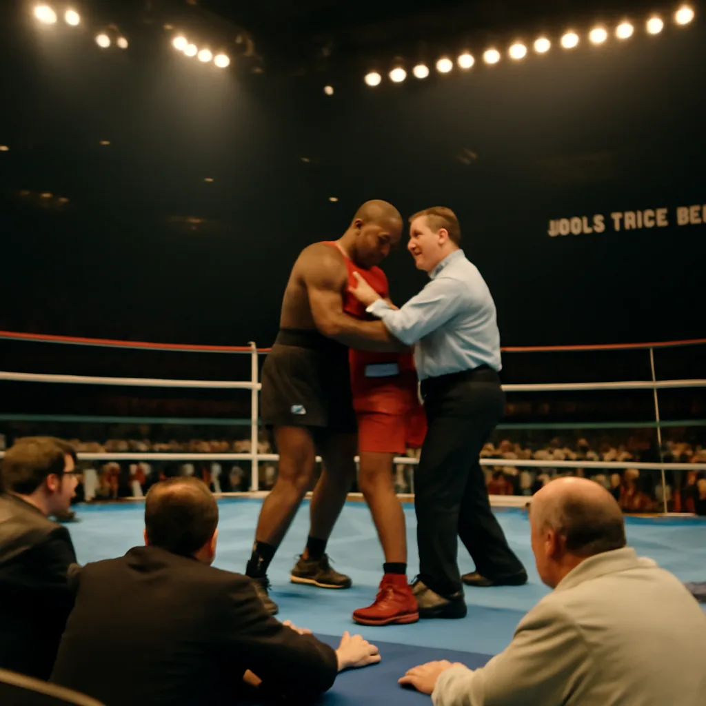 Boxing ring at Madison Square Garden during a 1990s heavyweight match, showing two fighters grappling at close range with a referee nearby and a medical attendant at ringside.