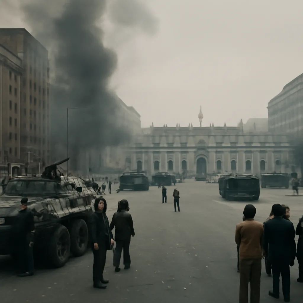 Soldiers, military vehicles, and smoke near the presidential palace in Santiago during the September 11, 1973 coup, with a damaged government building and a tense urban street scene.