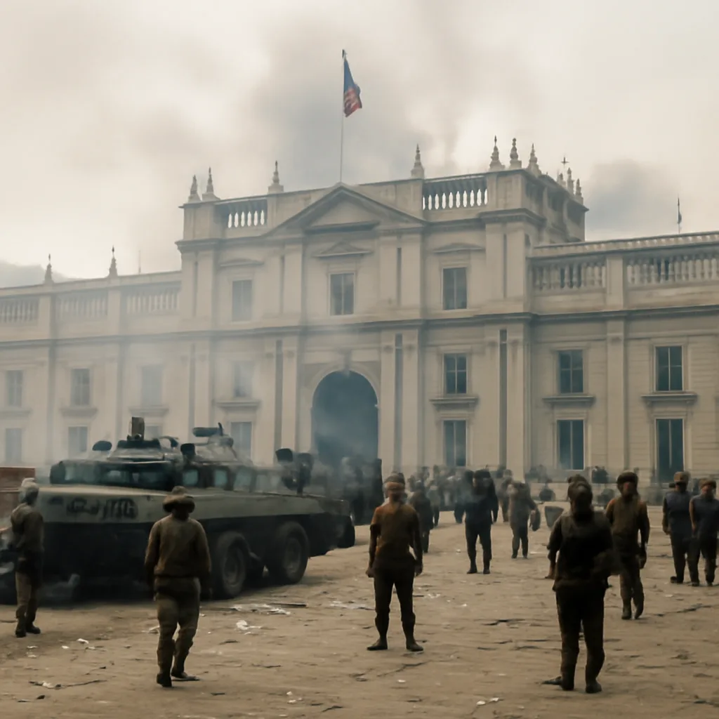 Soldiers and armored vehicles in front of La Moneda presidential palace in Santiago, Chile, during the 1973 military coup; smoke and damage visible around the building.