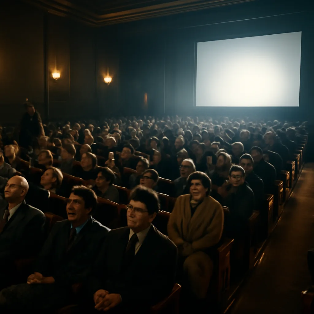 Interior of a 1950s movie theater auditorium during a 3D screening: rows of patrons wearing stereoscopic glasses, dimmed house lights, and a bright projection glow on the screen.