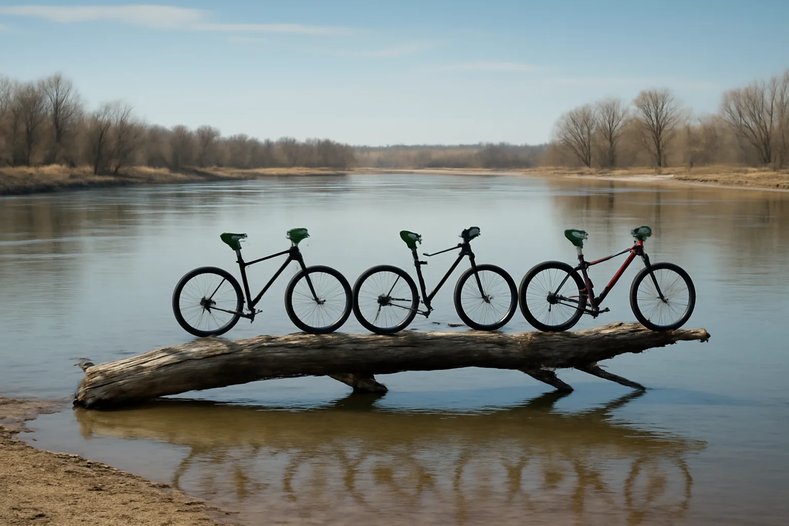 A river scene showing a log in the water with three bicycles precariously balanced on it, with trees and the Montana riverbank in the background