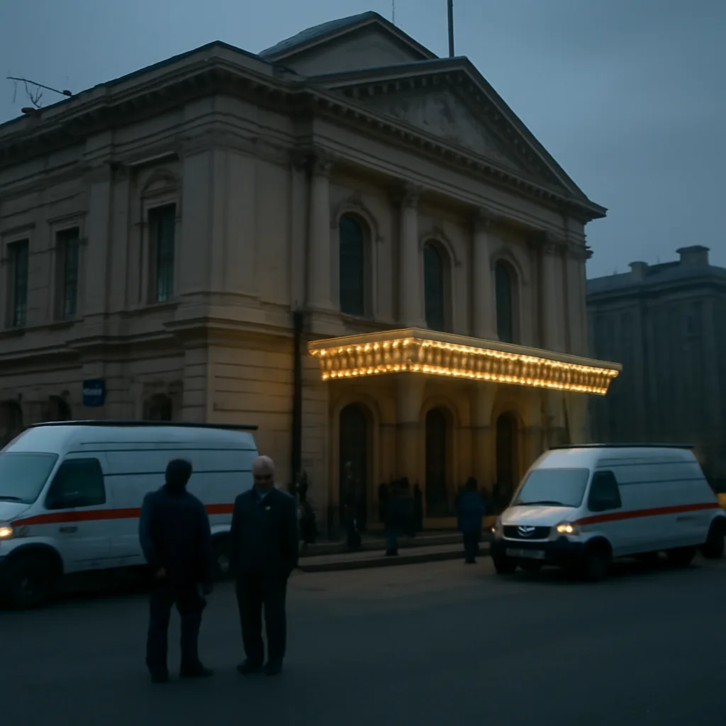 The exterior of Moscow’s Dubrovka Theater at night with emergency vehicles and personnel outside during the 2002 hostage crisis.
