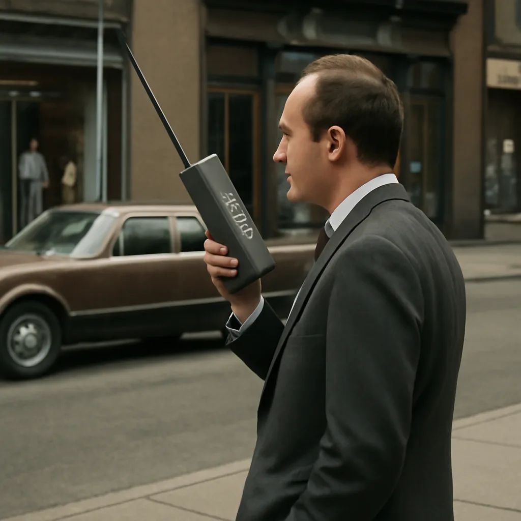 Motorola engineer holding a large handheld radio telephone prototype on a city sidewalk in 1973, with a visible antenna and bulky casing; background shows 1970s urban street scene.