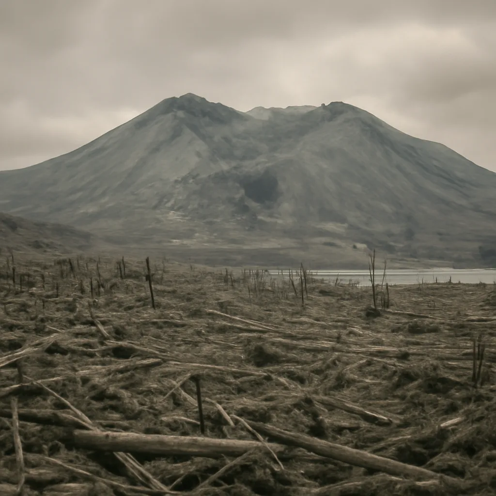 A wide landscape view showing the horseshoe-shaped crater of Mount St. Helens after the May 18, 1980 eruption, a scarred north flank, devastated downed forests in the foreground, and a gray ash-laden sky.