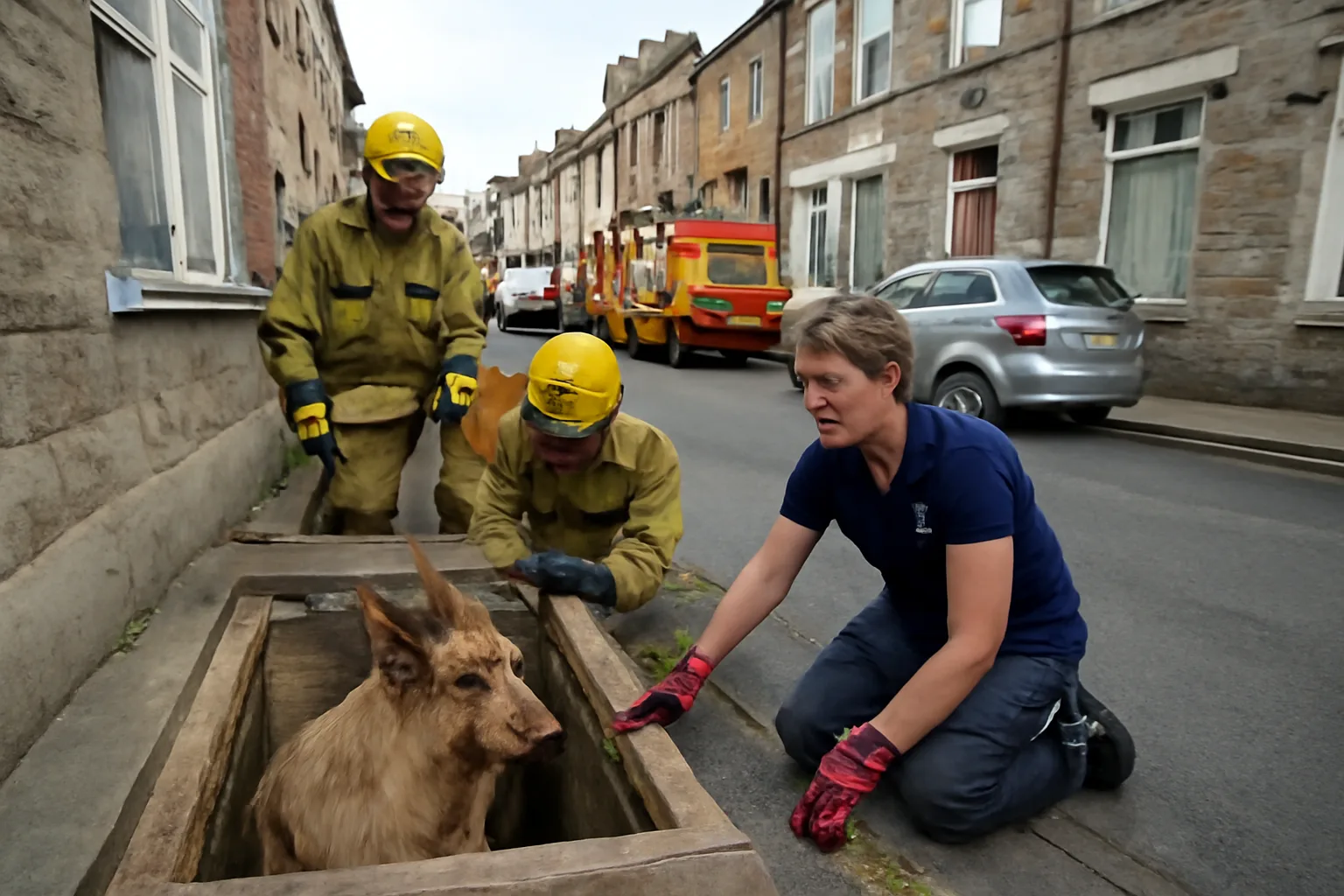 An animal rescuer and firefighters at a basement window well in a residential street, with a feral mountain goat trapped below