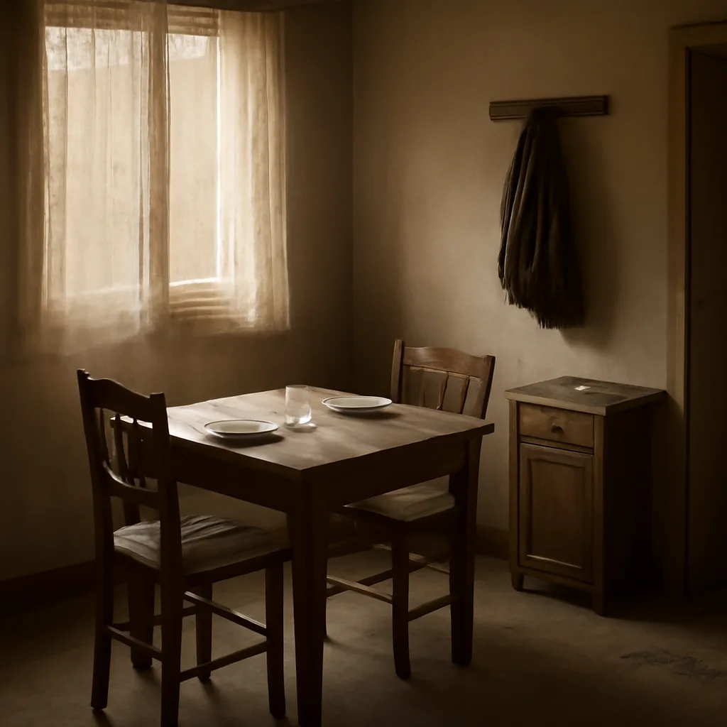 Interior of a modest, sparsely furnished apartment dining area with a table set for a meal; an empty chair is pulled up to the table and a dry, sunlit room suggests long inactivity.