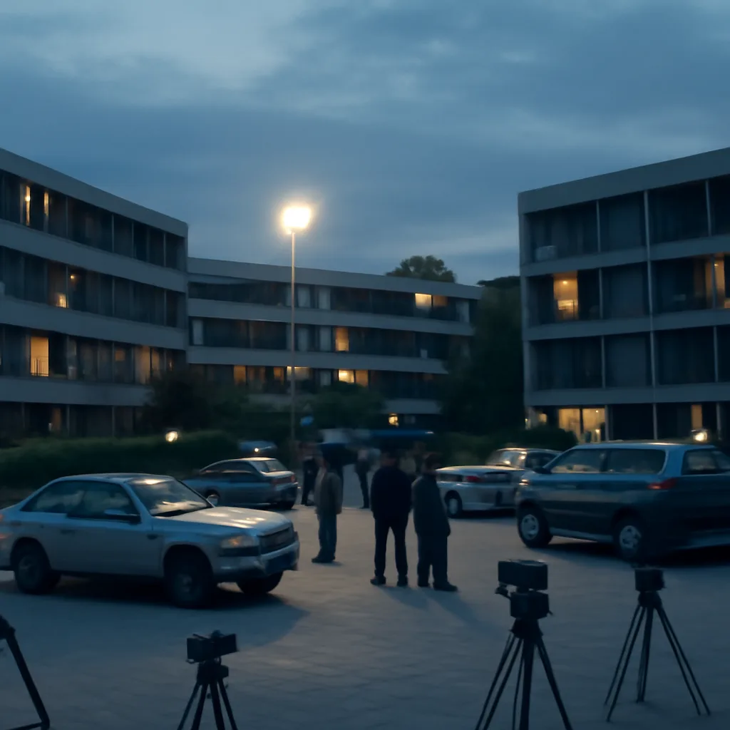 Olympic Village courtyard at dusk in 1972 with security vehicles and uniformed personnel near a cluster of low-rise athlete housing; scene implies tense aftermath without showing identifiable faces.