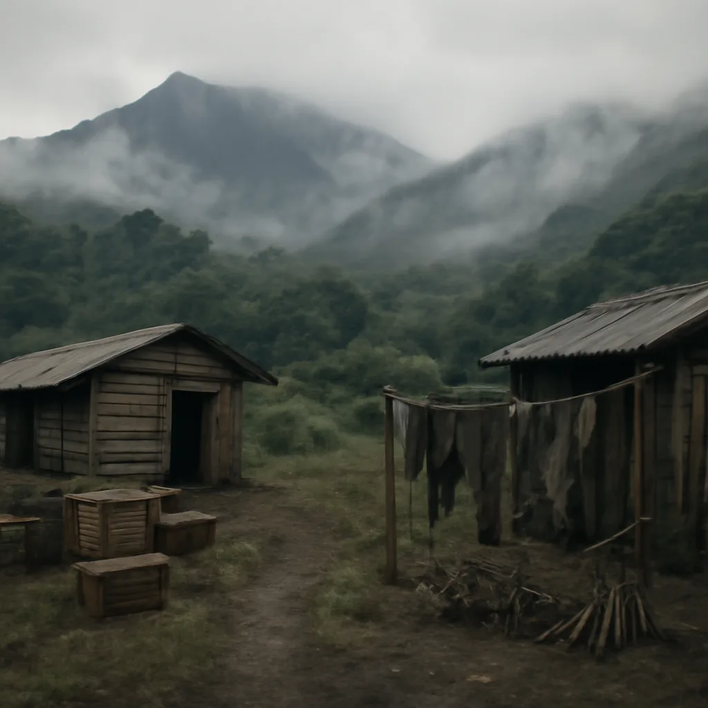 Karisoke Research Center clearing in Rwanda’s Virunga mountains with simple wooden cabins, surrounding montane forest and misty slopes—no identifiable people.