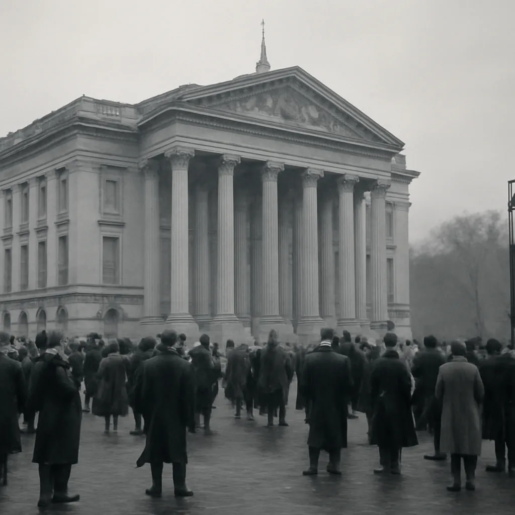 A wide-angle view of early 1920s Rome showing a government building and an assembly chamber exterior with Fascist banners removed; crowds and police in period clothing nearby, conveying a tense political atmosphere.