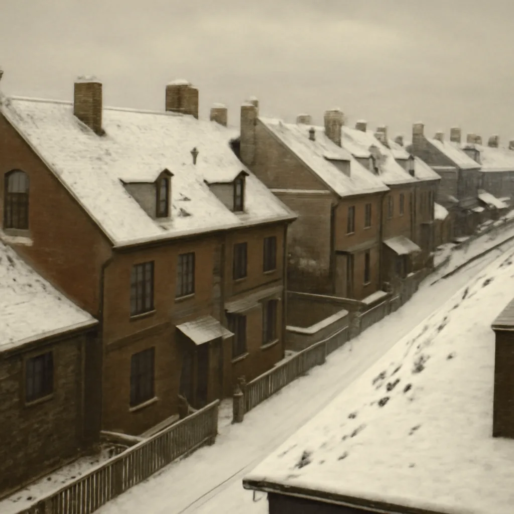 Snow-covered row of 19th-century houses with distinct footprints in fresh snow on slate roofs under an overcast winter sky.