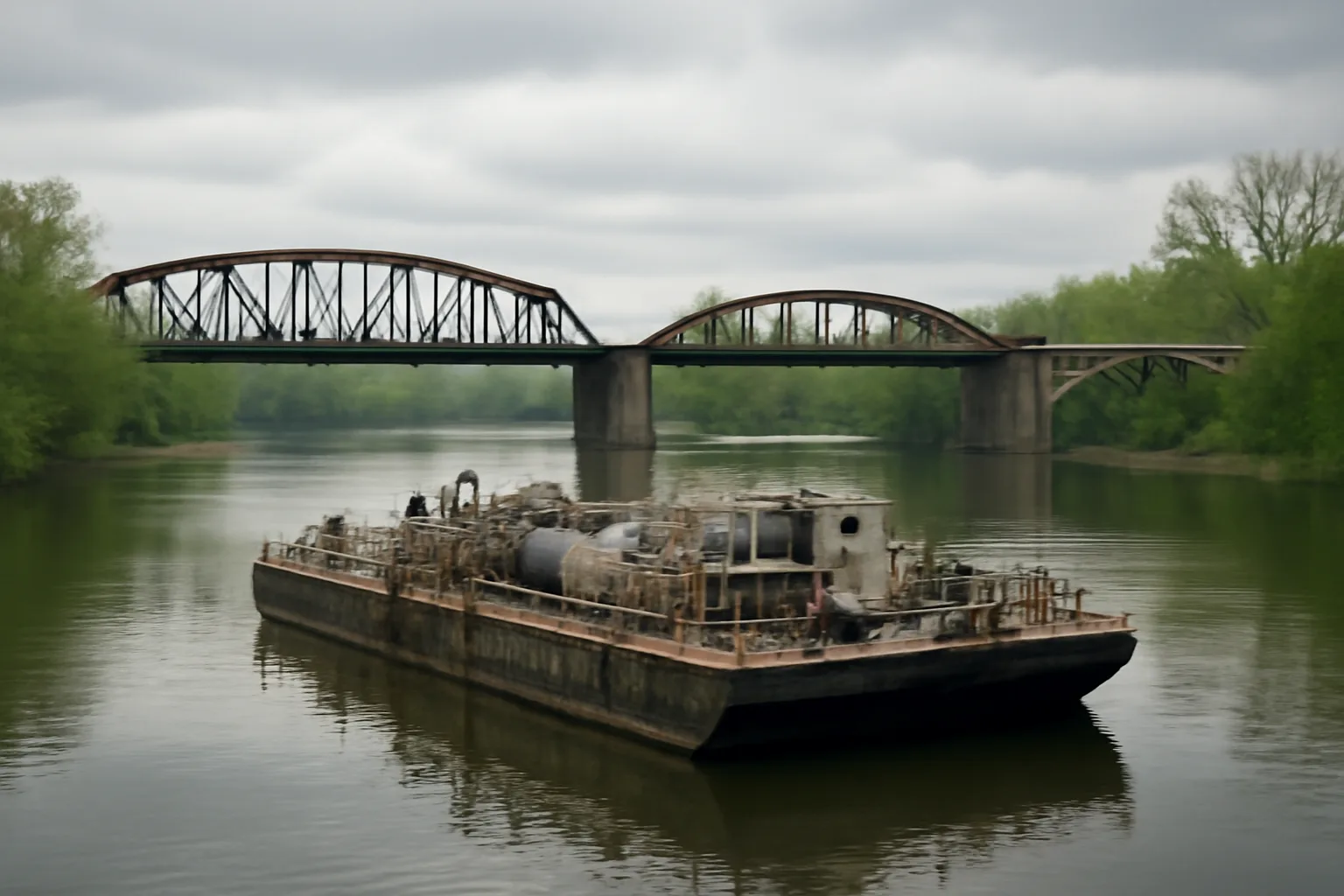 large industrial barge floating on a calm river passing under two old bridges with greenery on the banks
