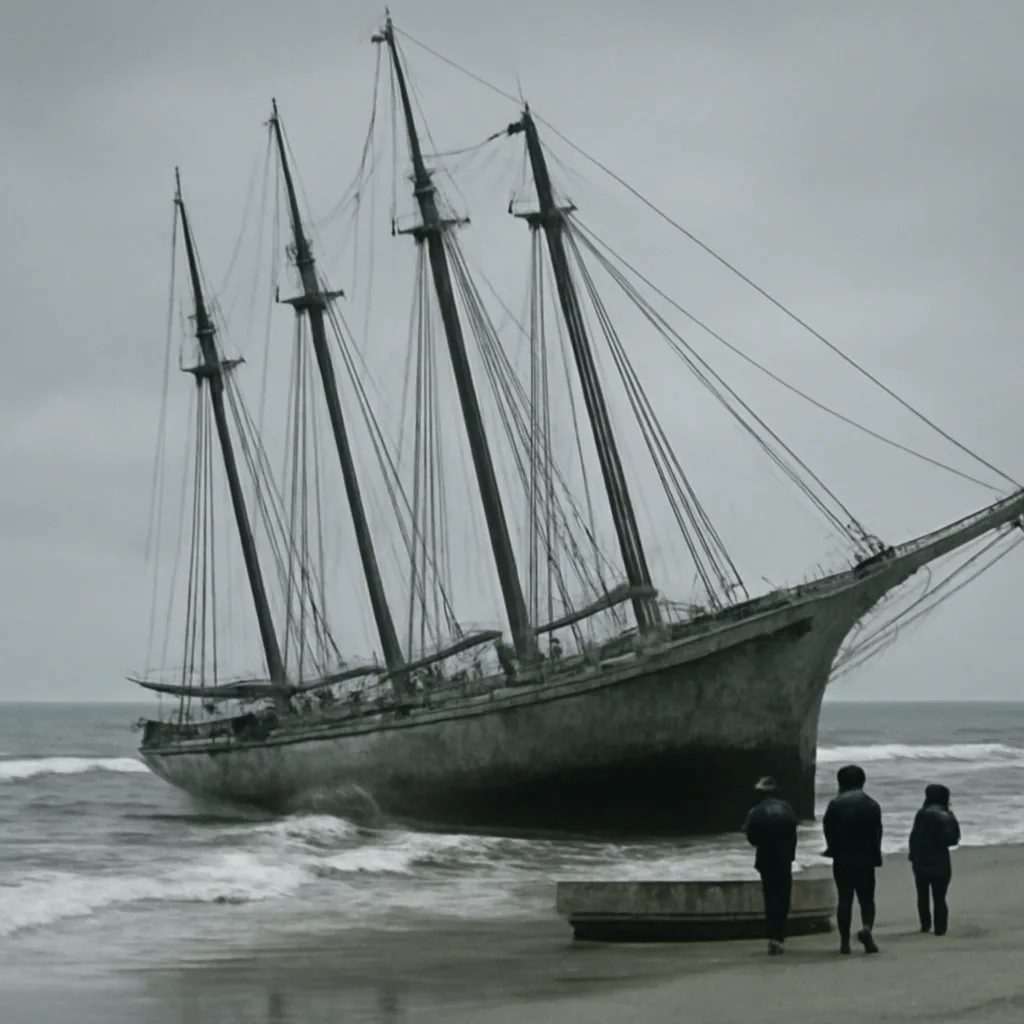 The five-masted schooner Carroll A. Deering aground on a sandbar near Cape Hatteras in 1947, seen from a distance with broken spars and no people on deck; coastline and surf visible.