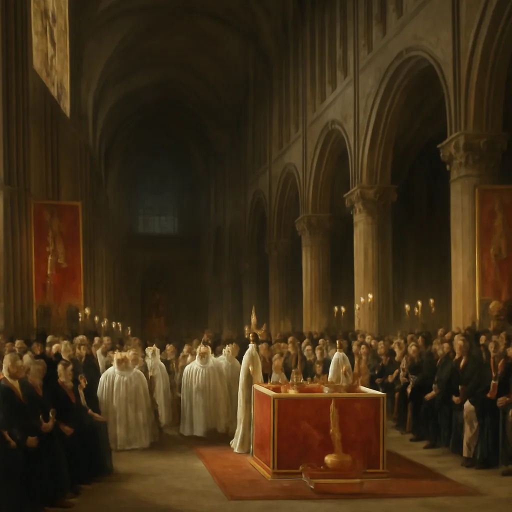 Crowded interior view of Notre-Dame de Paris prepared for a coronation ceremony in early 19th-century dress, with clergy, dignitaries, and ornate imperial regalia visible on the altar area.