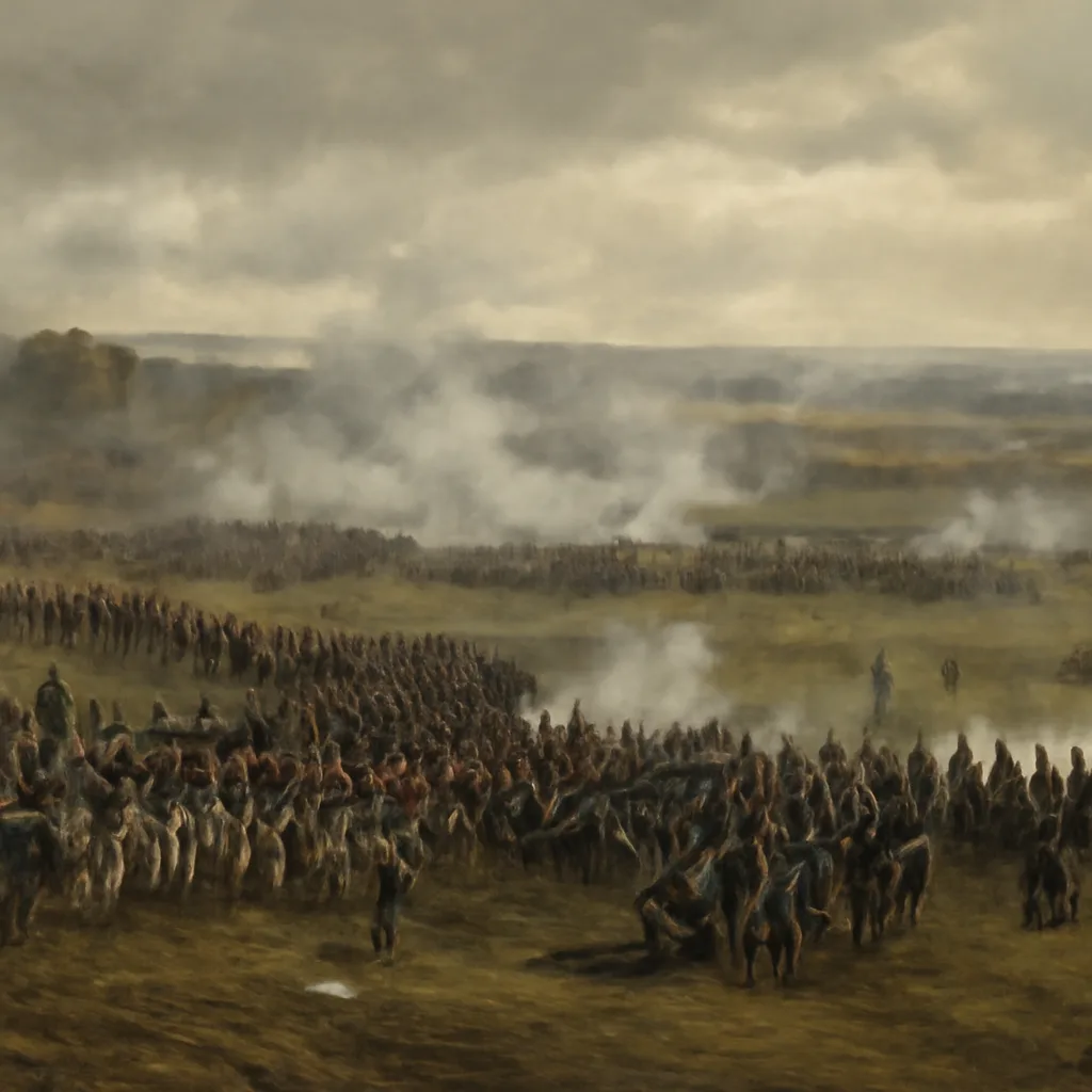 Troop formations, farmhouses, and rolling fields near Waterloo on 18 June 1815, showing allied defensive positions and French columns; muddy ground from recent rain.