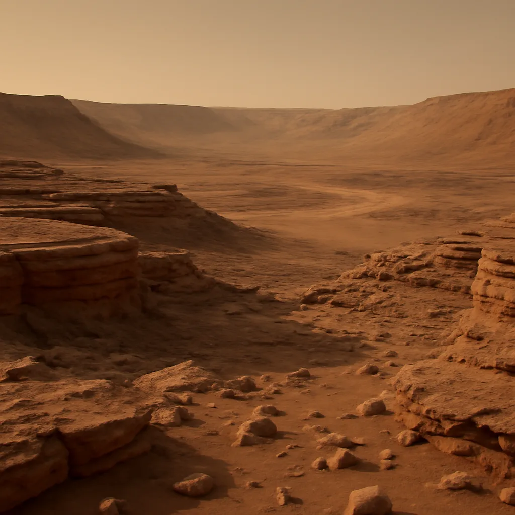 Rocky Martian landscape with layered sedimentary outcrops and a distant crater rim under a thin, dusty atmosphere, illustrating sites where ancient water-related minerals were found.