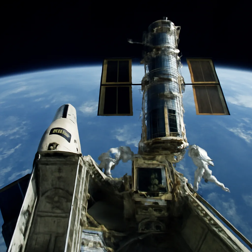 Space Shuttle Endeavour docked to the Hubble Space Telescope in orbit with astronauts conducting spacewalks near Hubble's instrument bay and solar arrays visible.