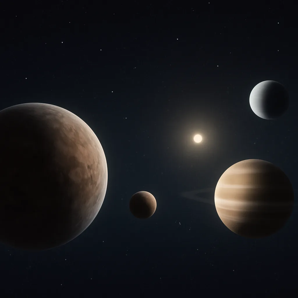 Artists' depiction of multiple exoplanets orbiting a distant star, showing planets of different sizes and a background field of stars.