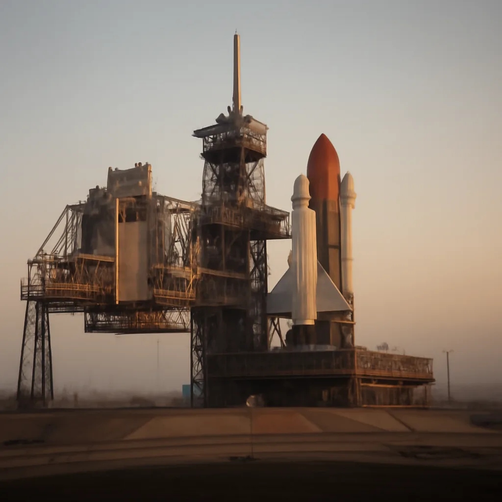 The space shuttle Challenger on the launch pad at Kennedy Space Center before liftoff, with smoke from launch preparations and ground support structures visible.