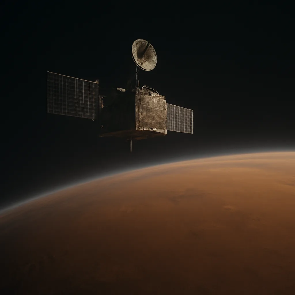 Artist's depiction of a defunct Mars orbiter approaching Mars over a red, clouded atmosphere with the planet’s limb and polar cap faintly visible.