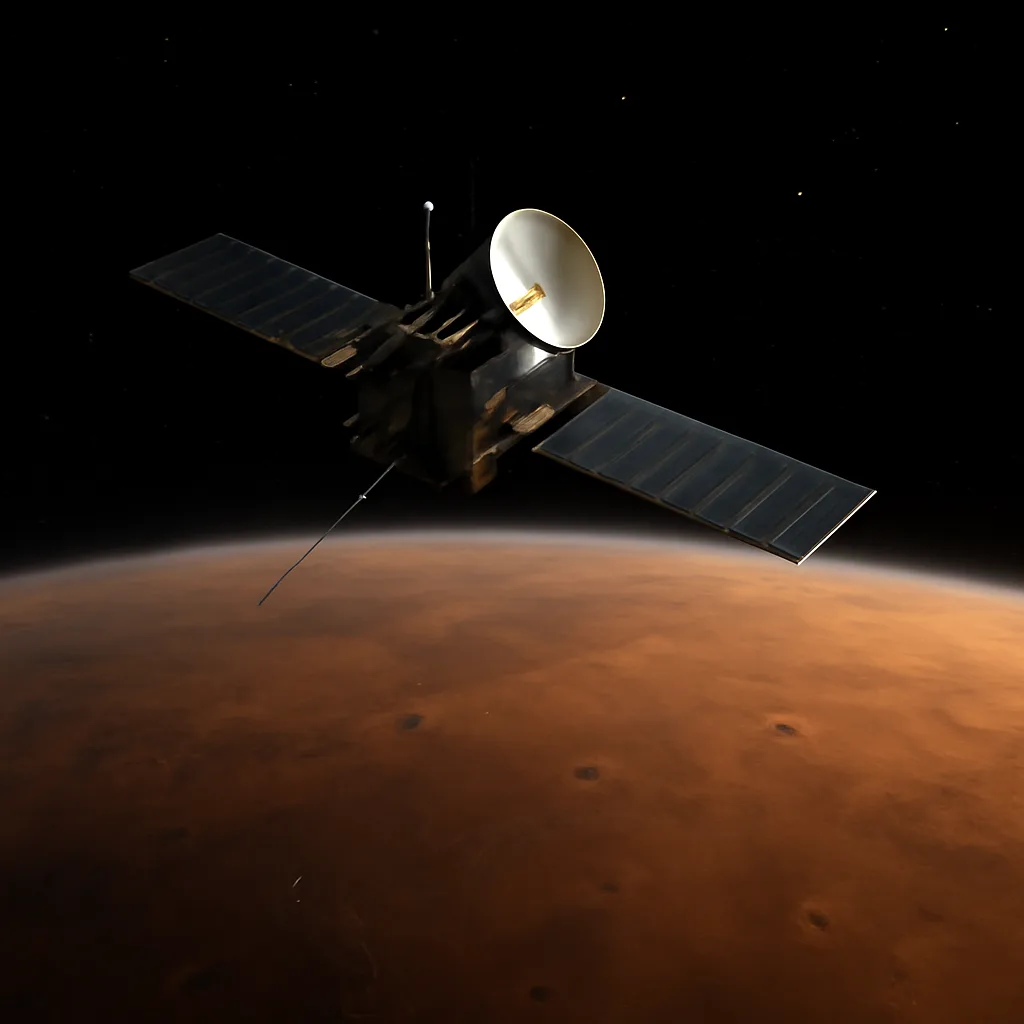 Artist-style depiction of the Mars Climate Orbiter approaching Mars for orbital insertion, showing the spacecraft over the planet’s limb with thin atmospheric glow and no visible text or logos.