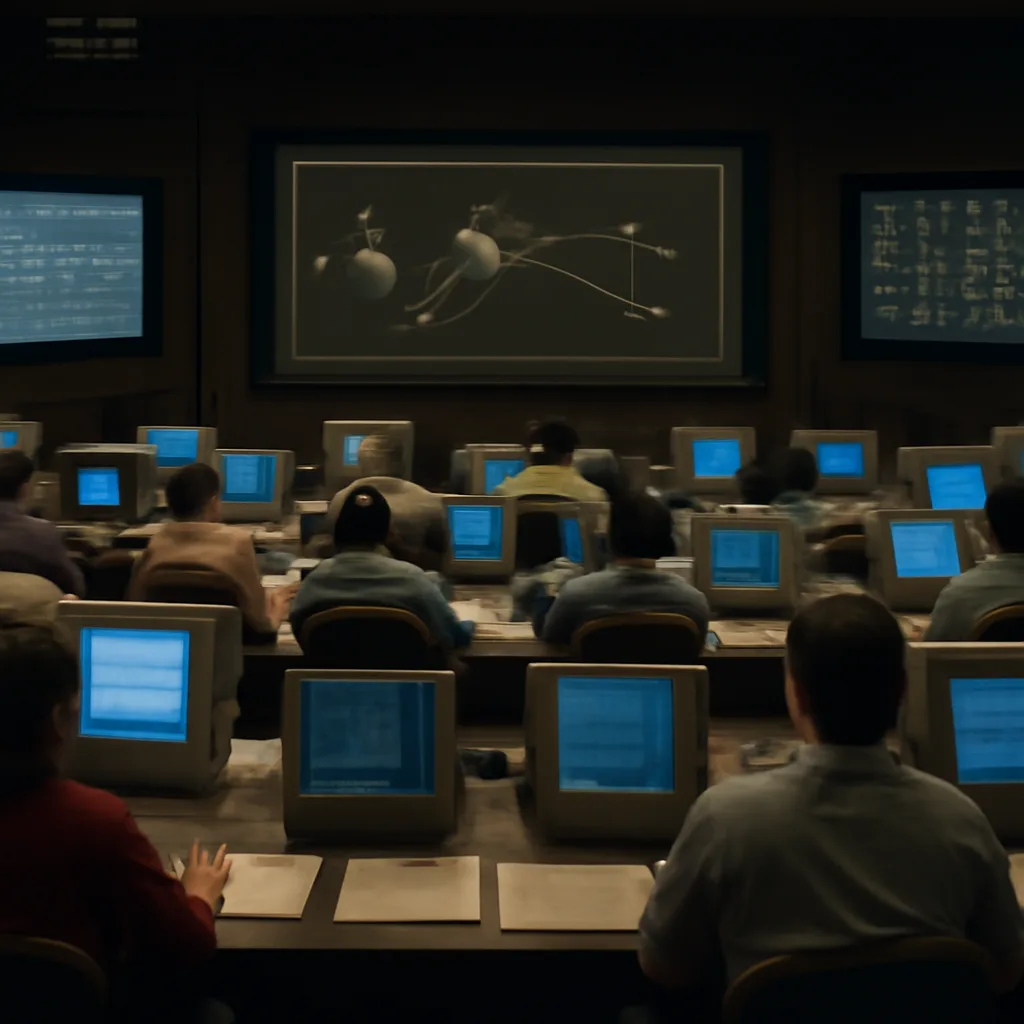 NASA engineers monitoring telemetry and mission control displays while tracking a Mars probe during its 1999 landing attempt; screens show flight data and a schematic of the spacecraft’s descent profile.