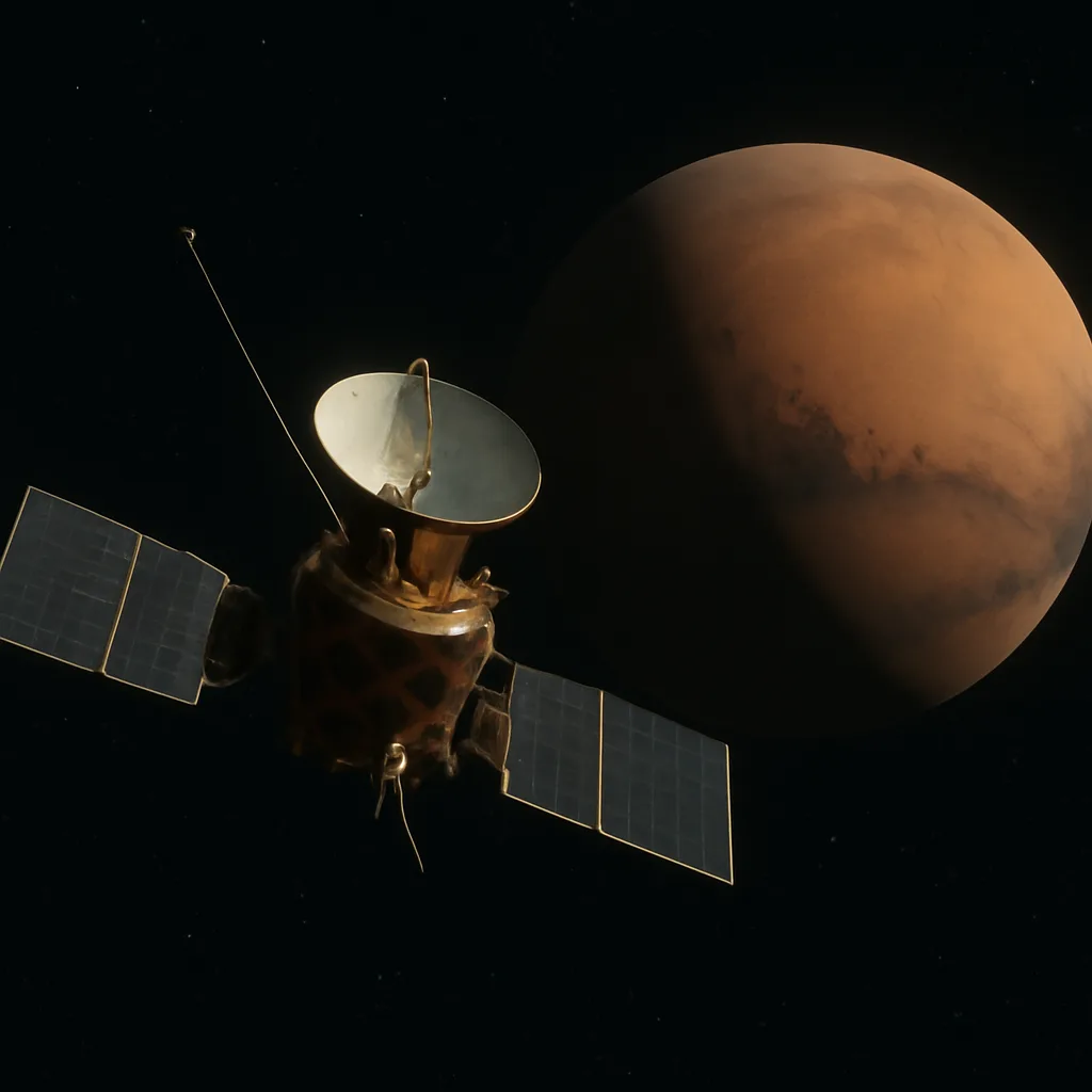 A NASA spacecraft model against a starfield with Mars visible in the background, representing a lost Mars probe mission.