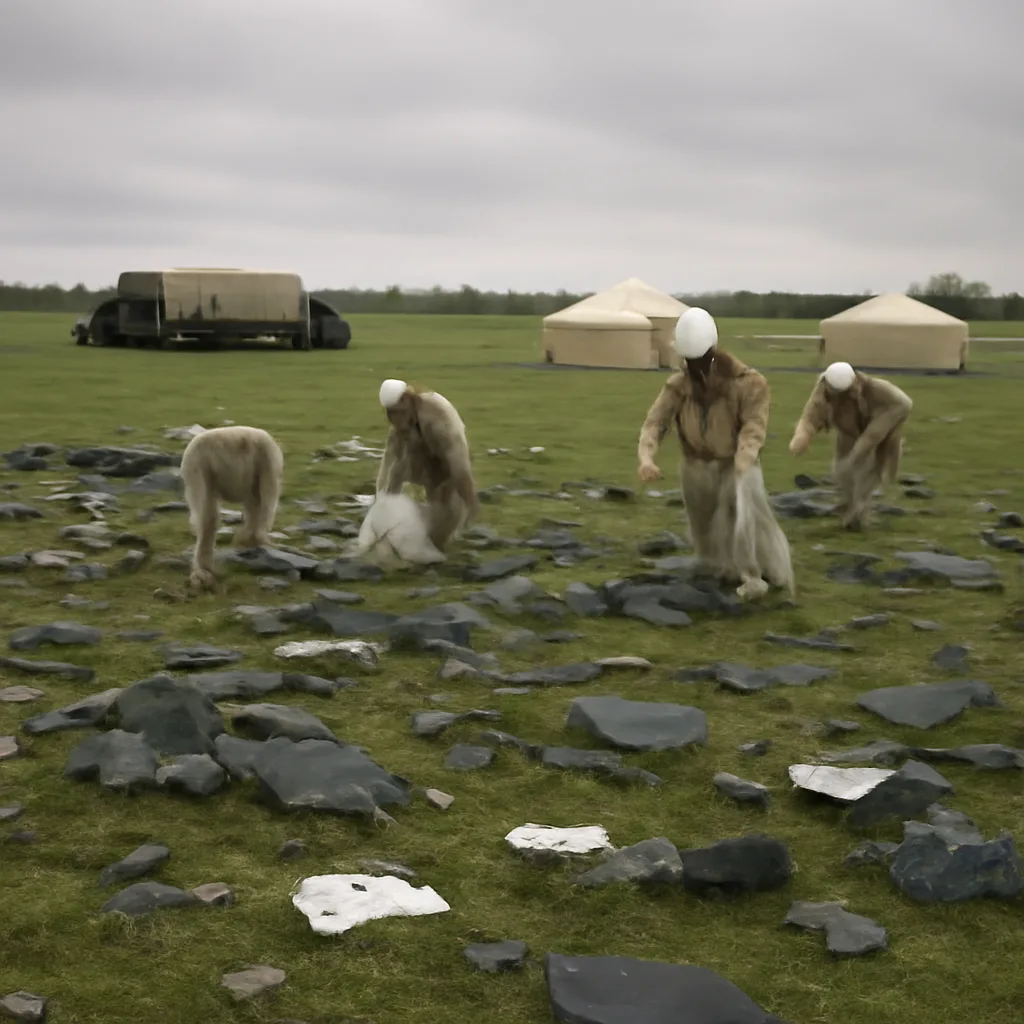 Wide view of a debris-strewn Texas recovery field with investigators and covered wreckage pieces from Space Shuttle Columbia during the 2003 recovery operation.