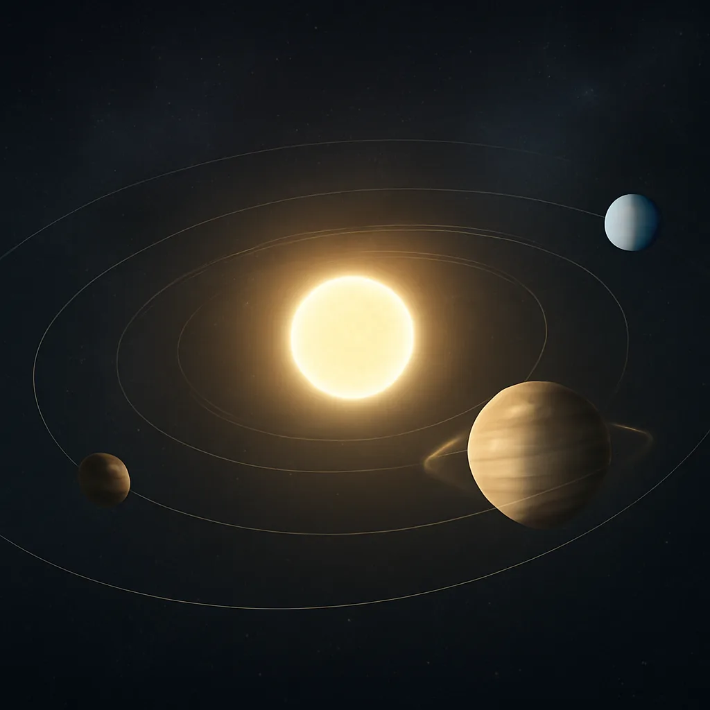 Artist-style wide view of a distant planetary system: a star with several planets of differing sizes in orbit, shown as points and softened disks against a starfield.