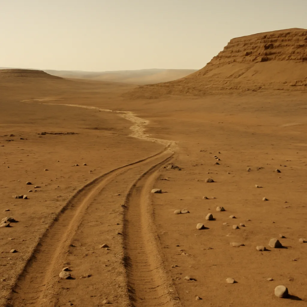 Martian landscape showing layered sedimentary rock outcrop and ancient dry channel under a thin, dusty sky, with rover tracks in the foreground.