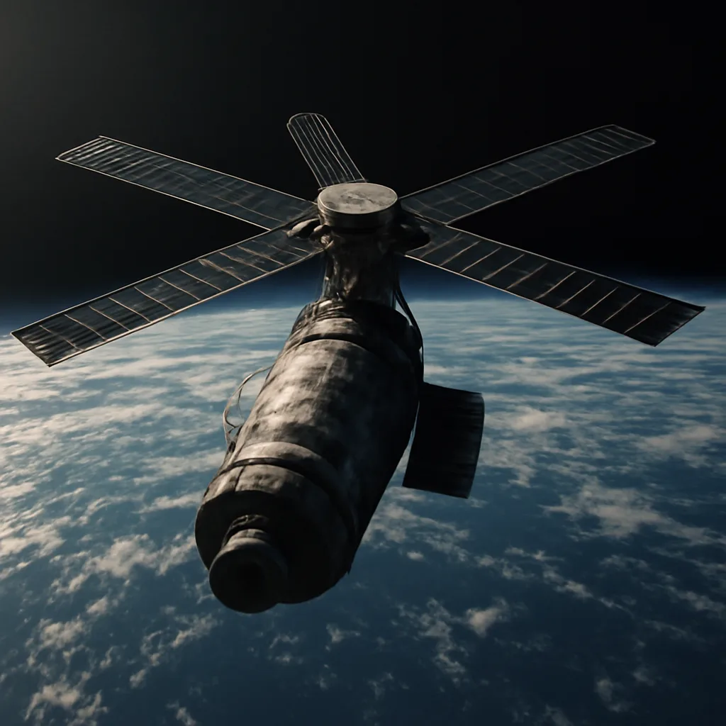 Skylab space station in orbit above Earth showing its cylindrical workshop and deployed solar arrays against a backdrop of Earth and black space.