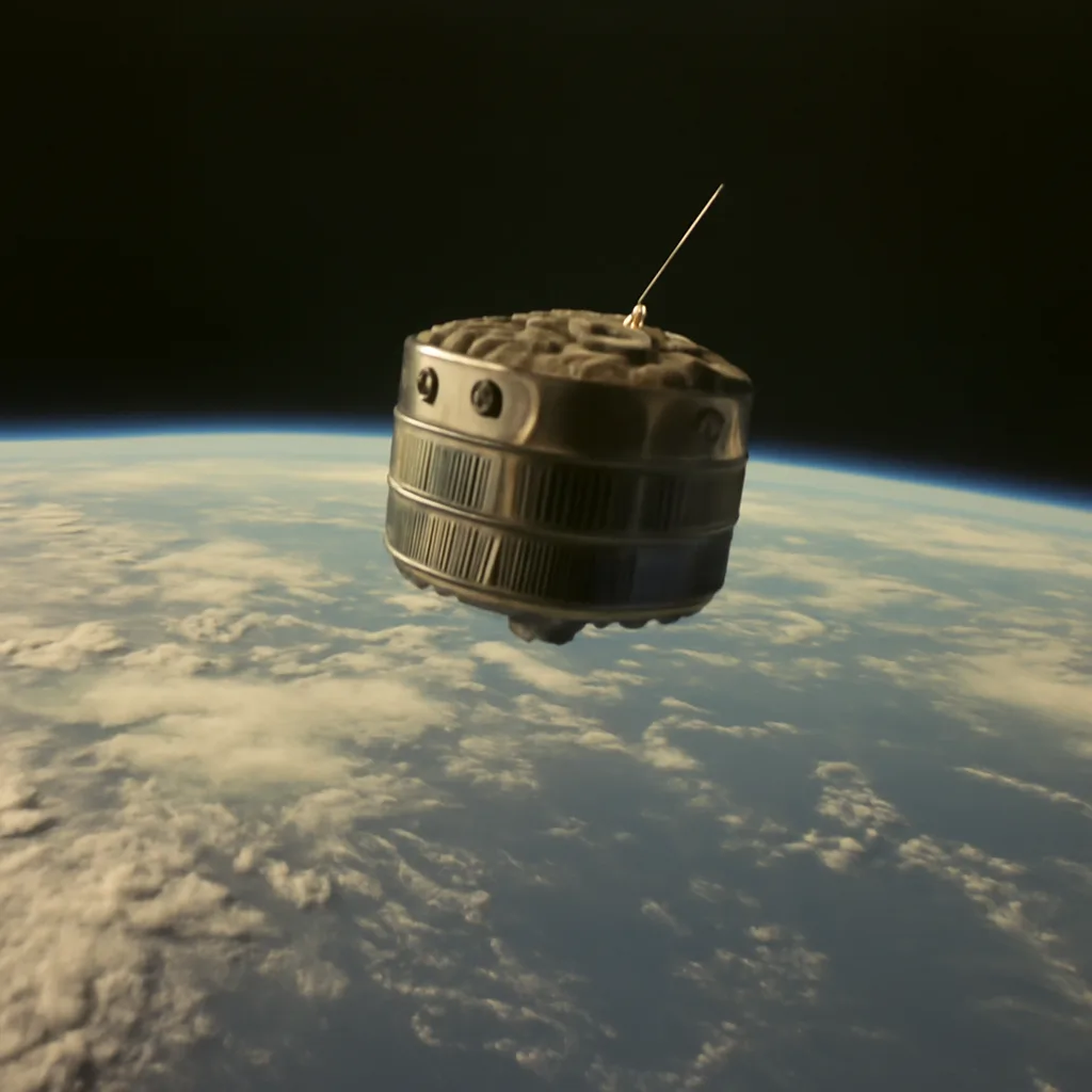 TIROS-1 satellite model against a black space background with part of Earth and cloud cover visible below.