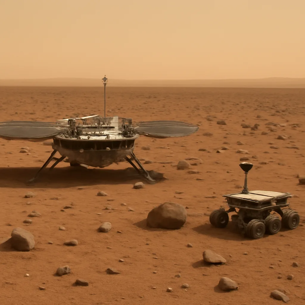 Mars Pathfinder lander on the Martian surface with its six-wheeled Sojourner rover nearby and flat, rocky plains extending toward distant horizons under a pale sky.