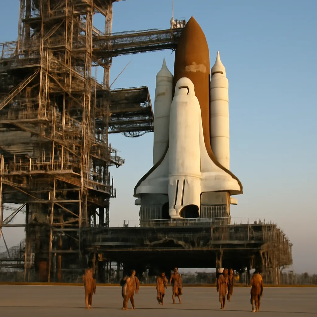 Space Shuttle Columbia on the launch pad with external tank and solid rocket boosters at Kennedy Space Center, Launch Complex 39A, early morning pre-launch preparations.
