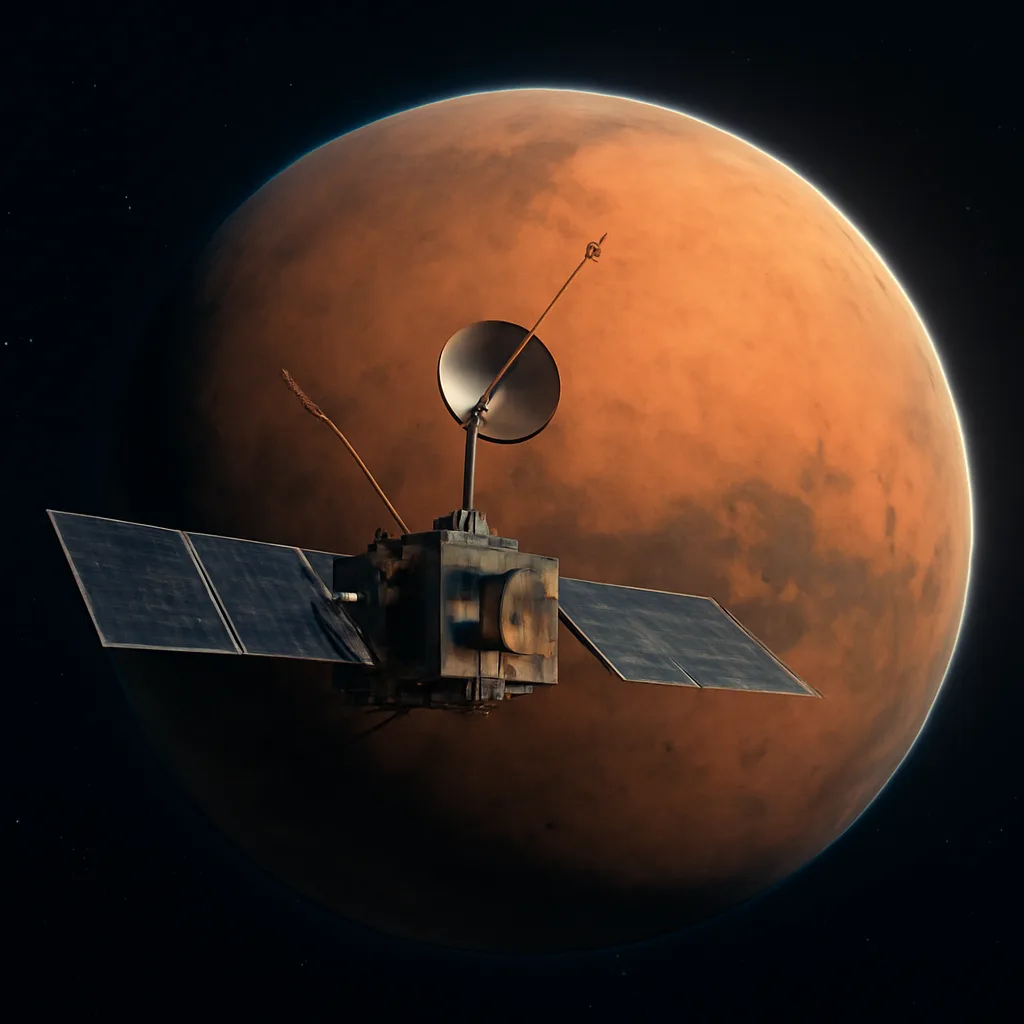 Artist-style depiction of the Mars Climate Orbiter approaching Mars against a dark background showing the red planet; no identifiable people, spacecraft labeled generically.