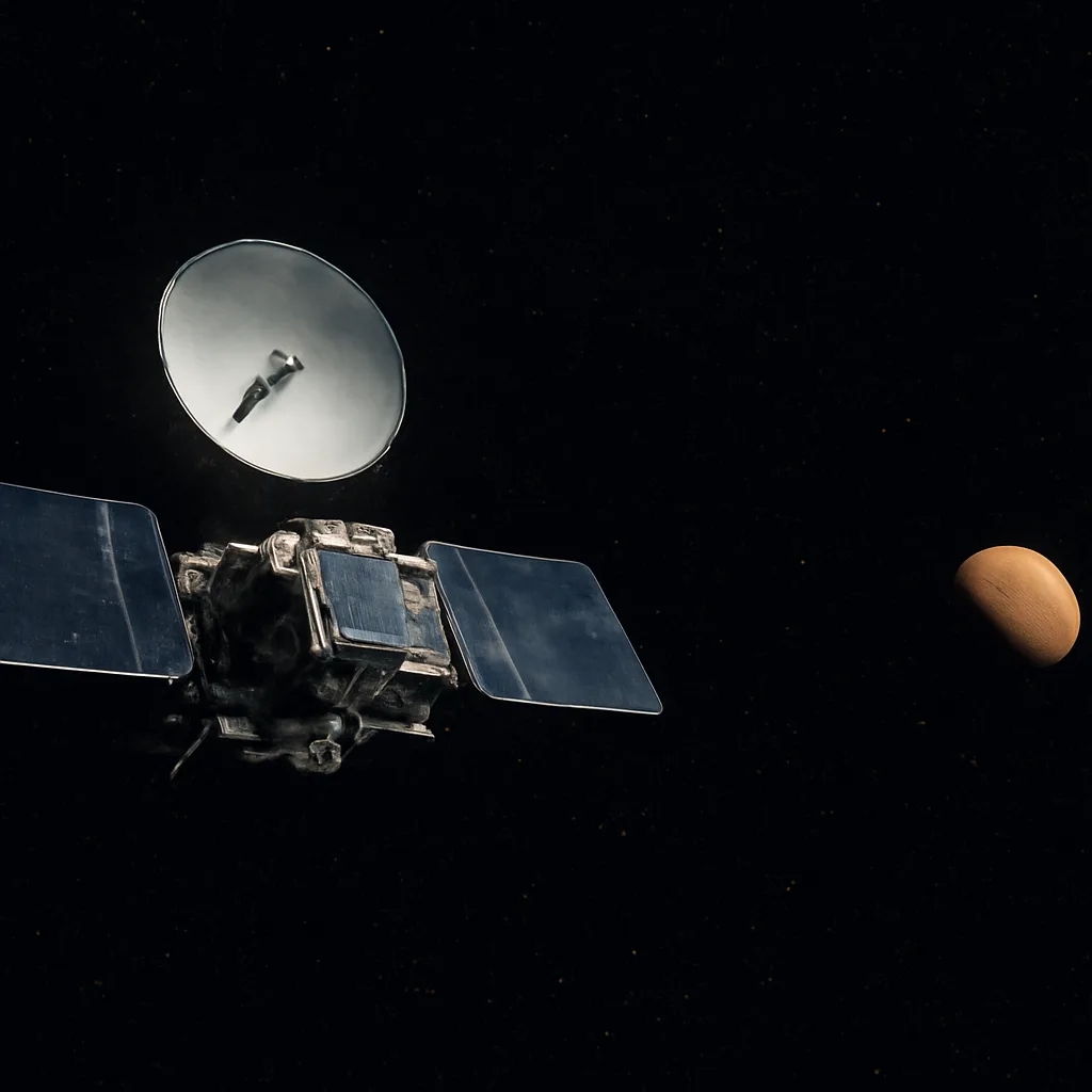 Artist-style depiction of the Mars Observer spacecraft in deep space against a star field with a distant view of Mars; spacecraft components such as a large dish antenna and solar arrays are visible.