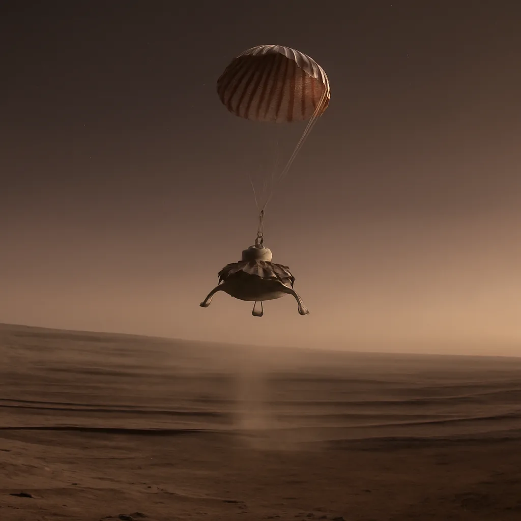 Artist-style depiction of a spacecraft descending through the thin, dusty atmosphere above Mars’s polar region, with a parachute and lander elements visible against a reddish horizon.