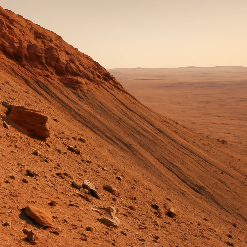 Steep Martian slope with seasonal dark streaks (recurring slope lineae) running down a rocky, reddish slope under a thin, dusty sky; distant cratered terrain visible.