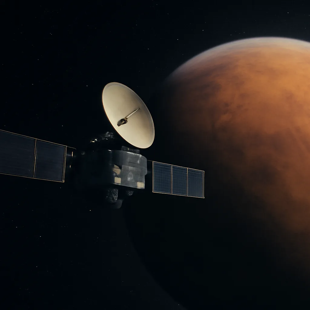 The Mars Climate Orbiter against a starfield with Mars in the background, showing the spacecraft’s antenna and solar arrays but not focusing on identifiable people.