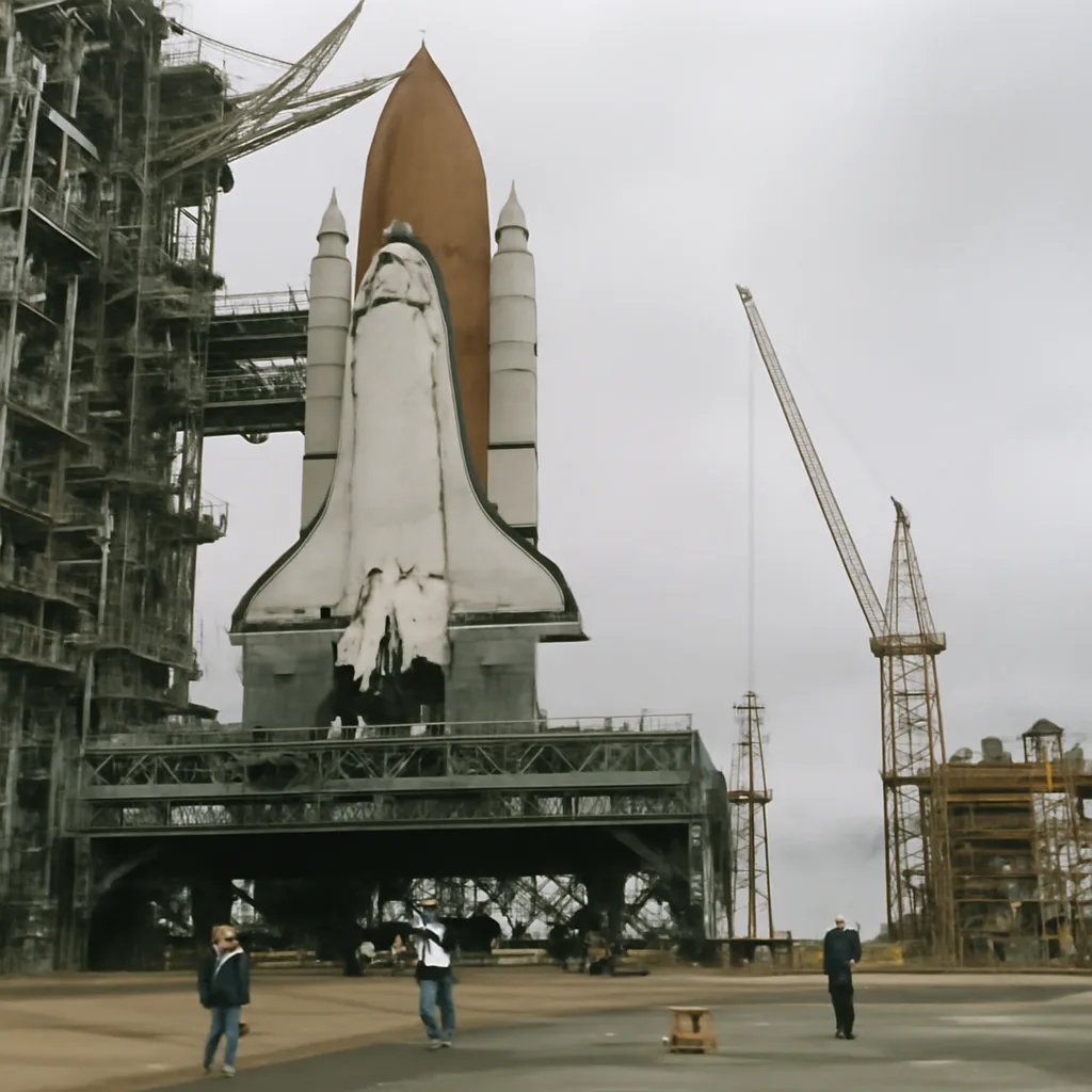Space shuttle on the launch pad with its external fuel tank and solid rocket boosters, viewed from ground level under an overcast sky; technicians and ground equipment are nearby but not individually identifiable.
