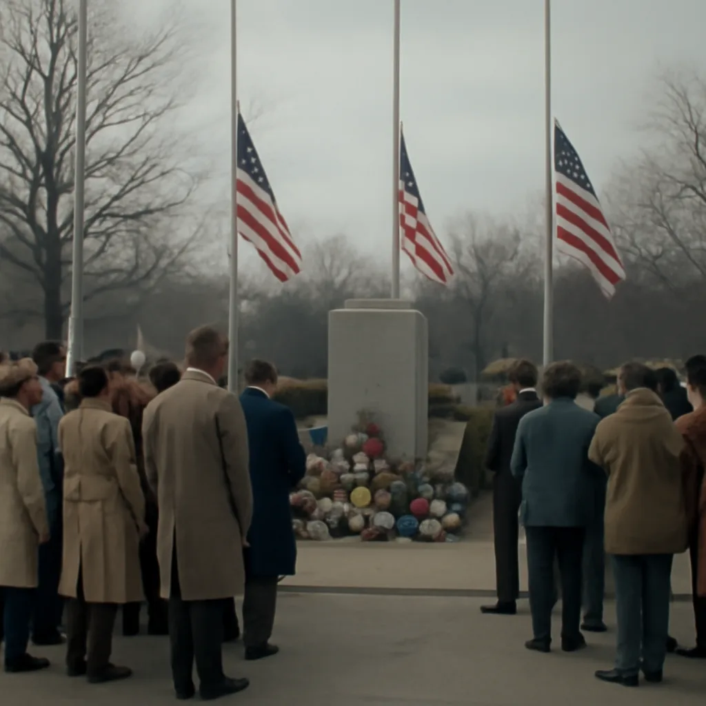 A wide view of a civic memorial scene in 1986 showing flags at half-staff, floral tributes laid at a public monument, and a small crowd gathered at a memorial service.
